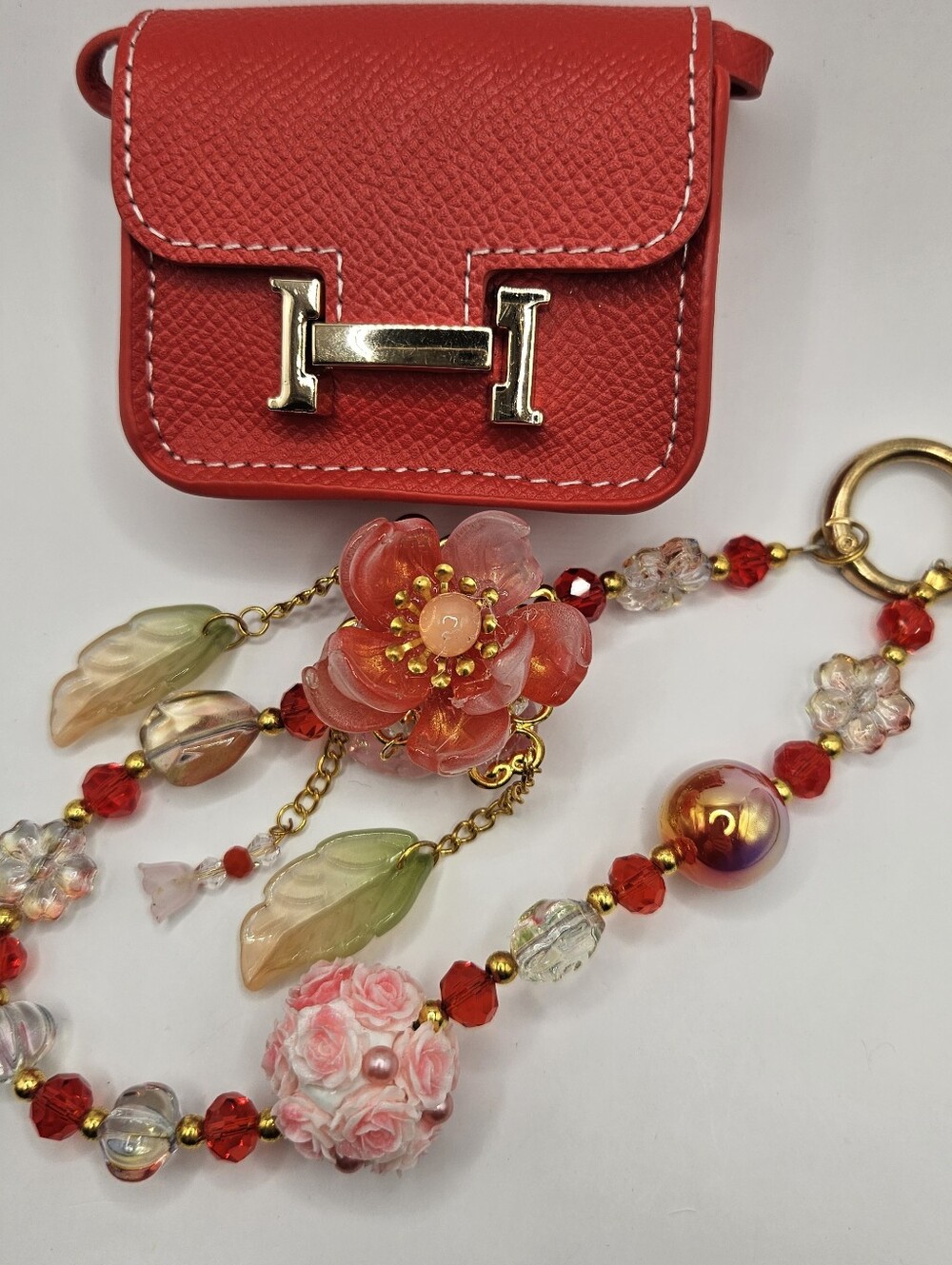 Red Minibag with Floral Beaded Phone Chain